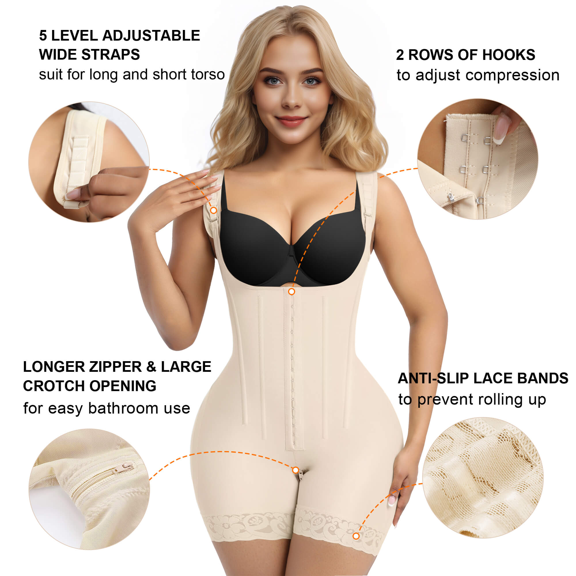 Faja de control del abdomen con 6 varillas de acero y ganchos, bodysuit con levantamiento de glúteos