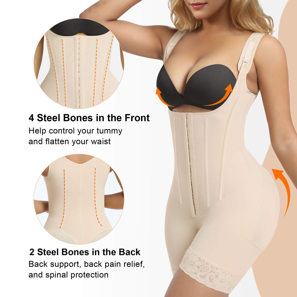Faja de control del abdomen con 6 varillas de acero y ganchos, bodysuit con levantamiento de glúteos
