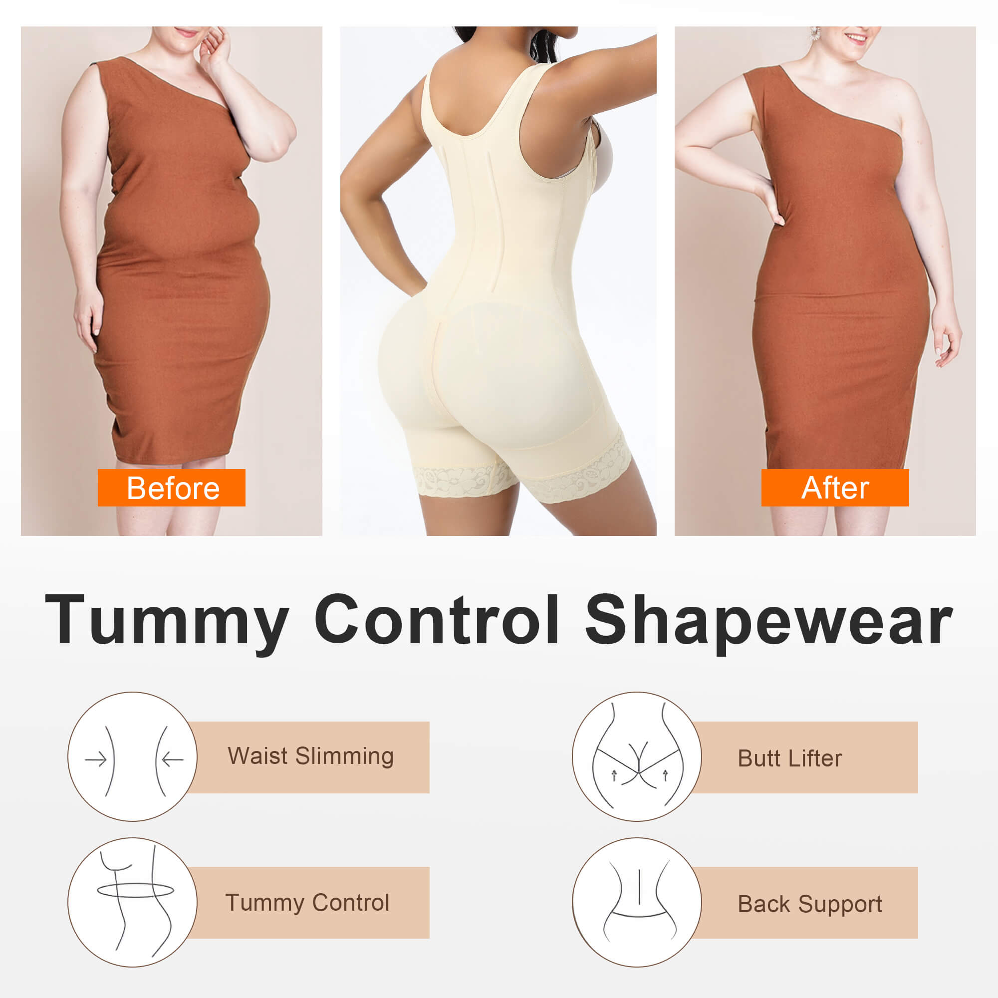 Faja de control del abdomen con 6 varillas de acero y ganchos, bodysuit con levantamiento de glúteos