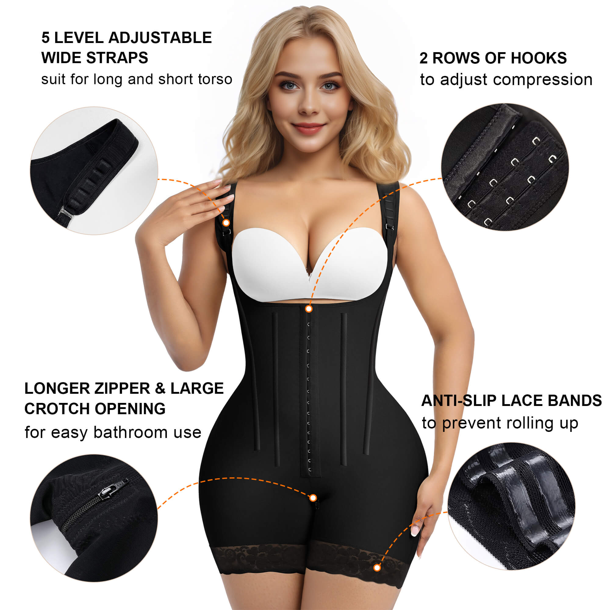 Faja de control del abdomen con 6 varillas de acero y ganchos, bodysuit con levantamiento de glúteos