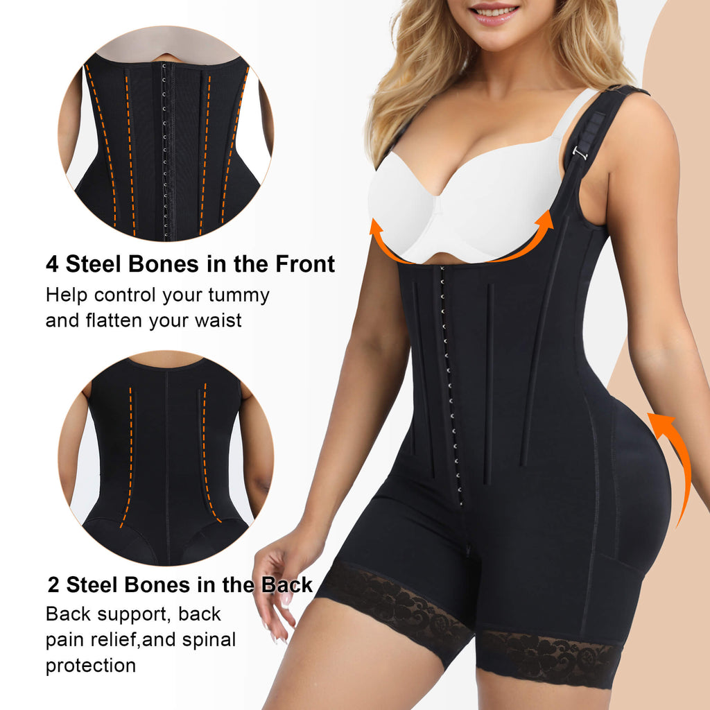 Faja de control del abdomen con 6 varillas de acero y ganchos, bodysuit con levantamiento de glúteos